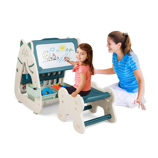 Infans 3-In-1 Kids Art Easel with Stool Magnetic Dry-Erase Board w/ Book Rack Green