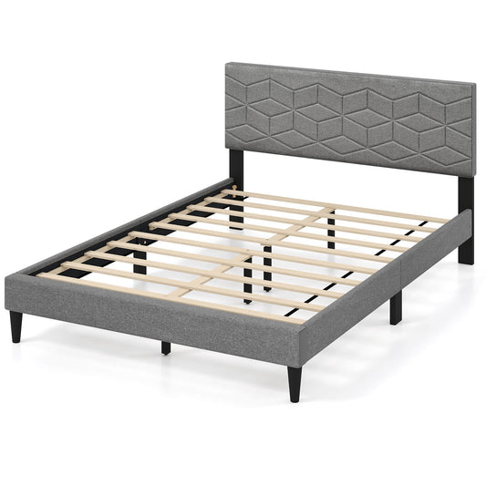 Infans Full Size Bed Frame w/Linen Fabric Upholstered Headboard & Wooden Slat Support