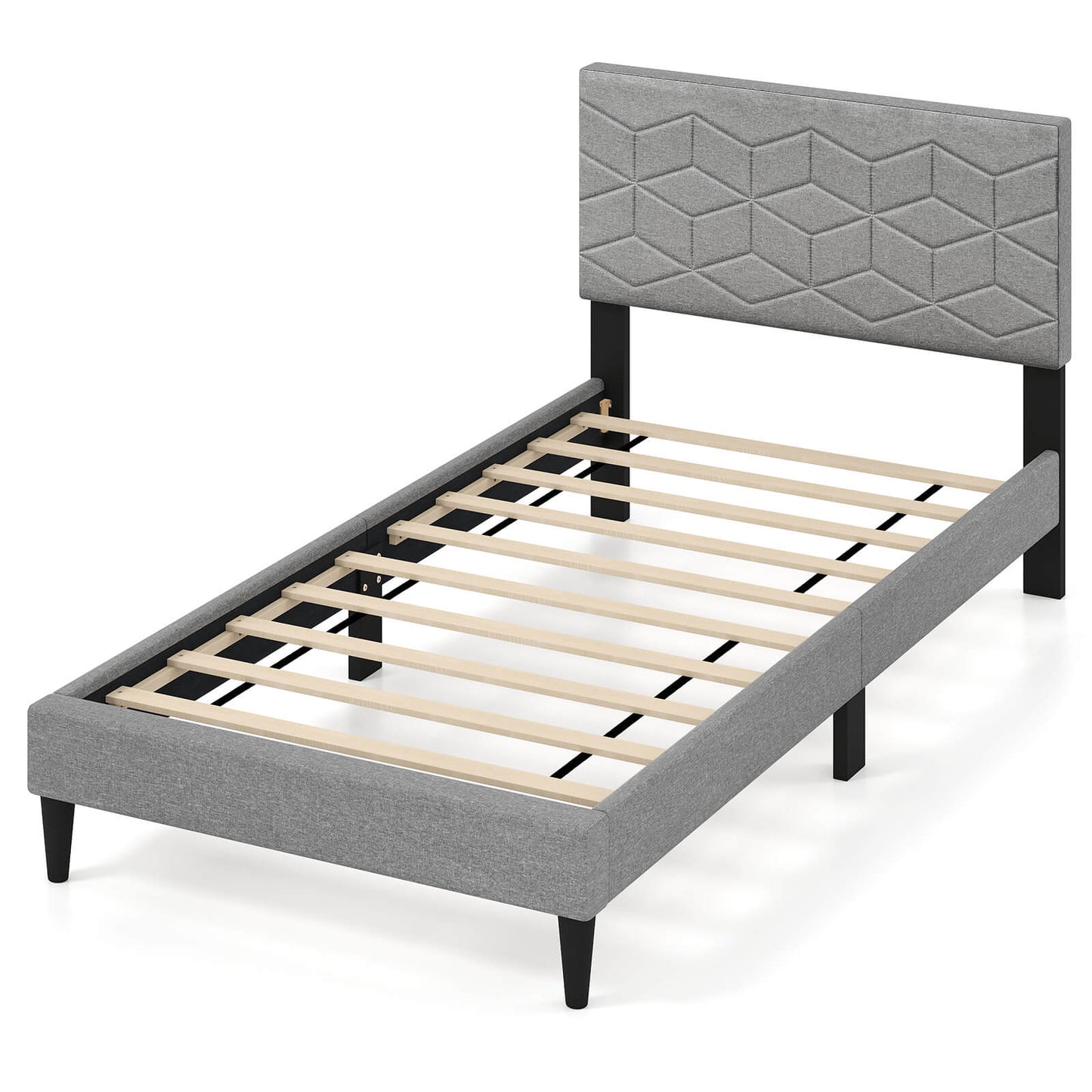 Infans Twin Size Bed Frame w/Linen Fabric Upholstered Headboard & Wooden Slat Support