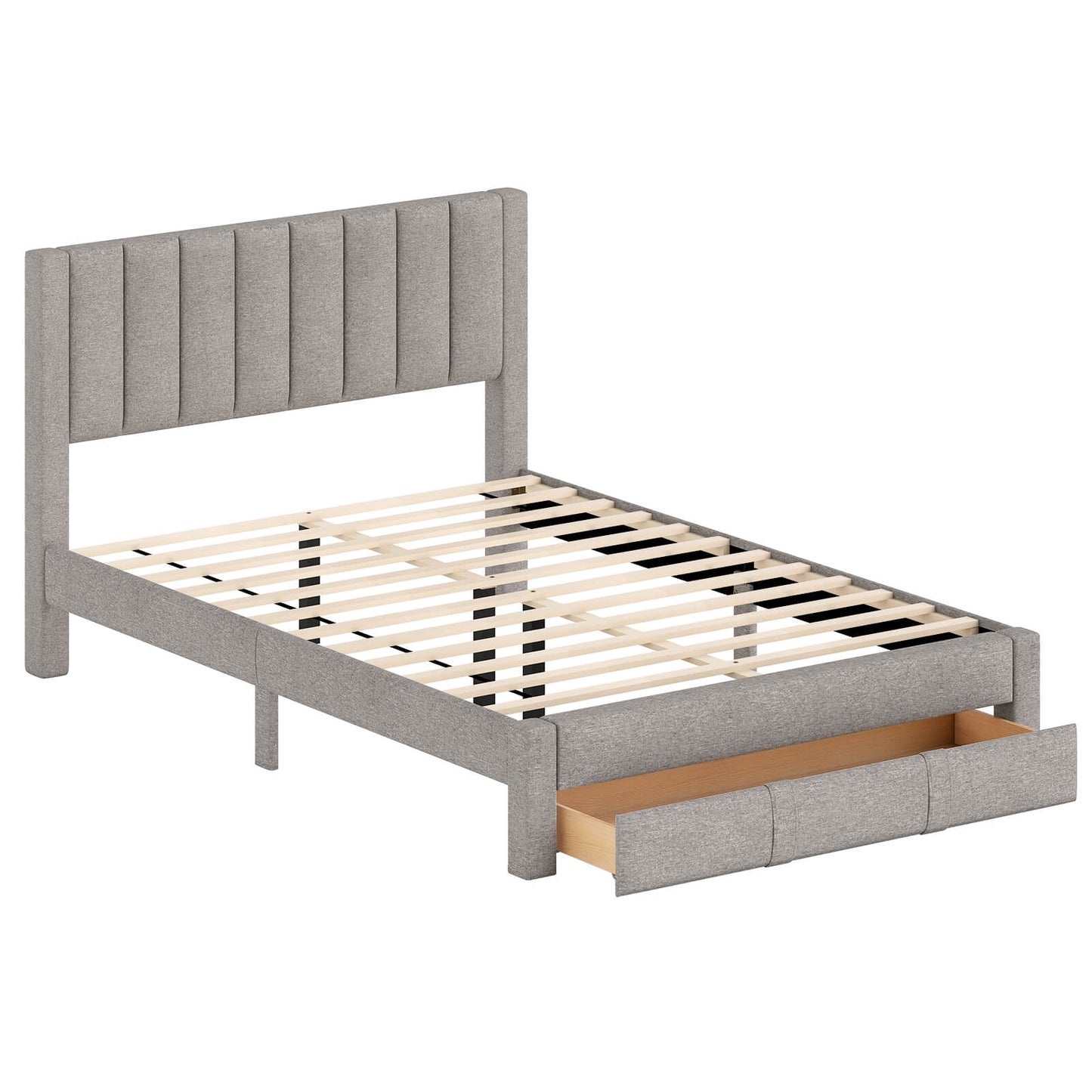 Infans Queen Size Bed Frame w/Storage Drawer & Vertical Channel Headboard,Light Gray