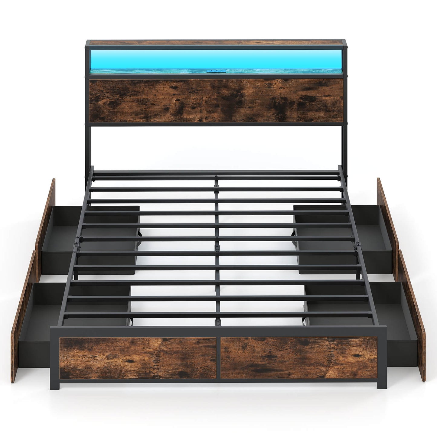 Infans Queen Size LED Bed Frame w/2-Tier Storage Headboard & 4 Drawers Charging Station