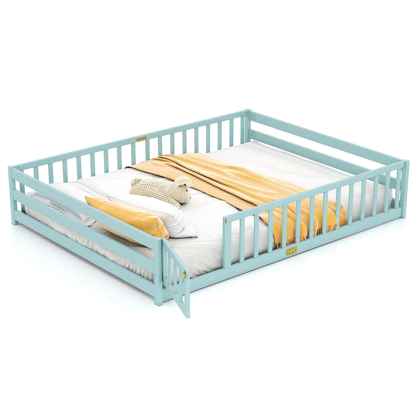 Infans Queen Size Floor Bed with Full Length Safety Guardrails and Door for Boys, GirlsIcy Aqua