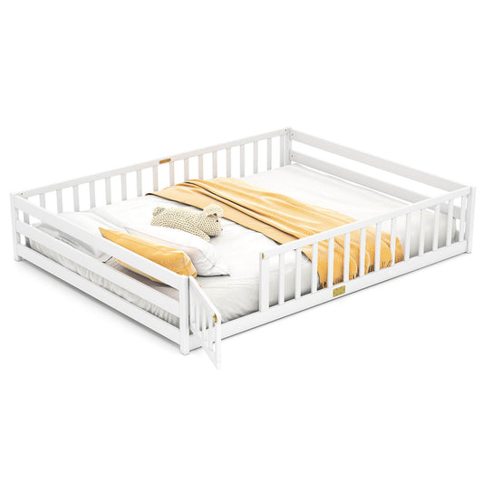 Infans Queen Size Floor Bed with Full Length Safety Guardrails and Door for Boys, GirlsWhite