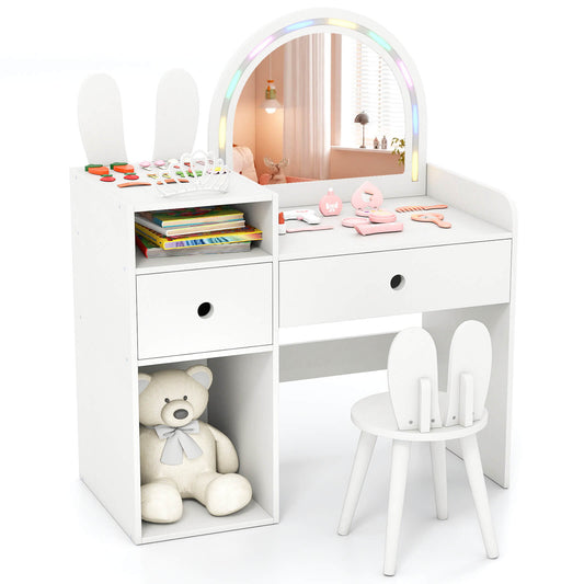Infans Princess Bunny Makeup Table w/Lighted Mirror, Open Shelves and Storage Drawers