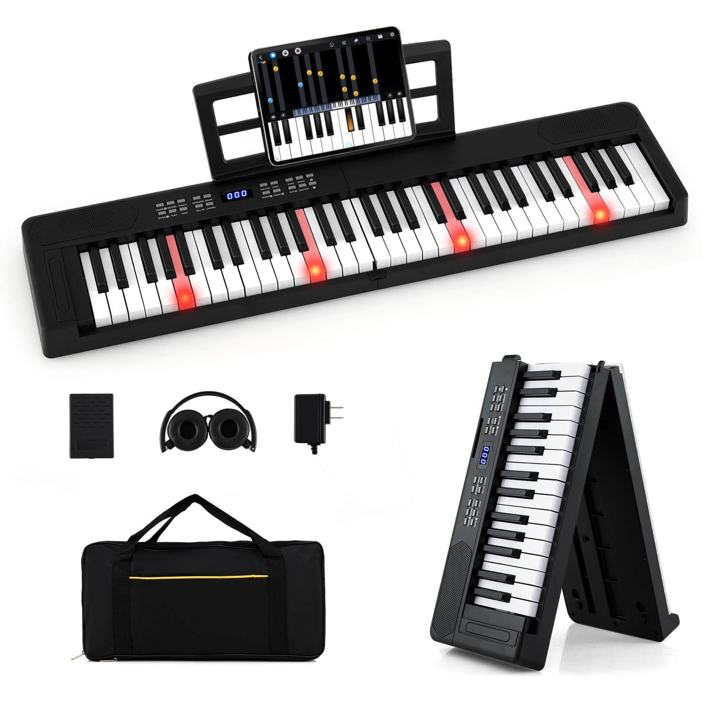 Infans 61-Key Foldable Piano Keyboard with MIDI Split Function Headphone Sustain PedalBlack