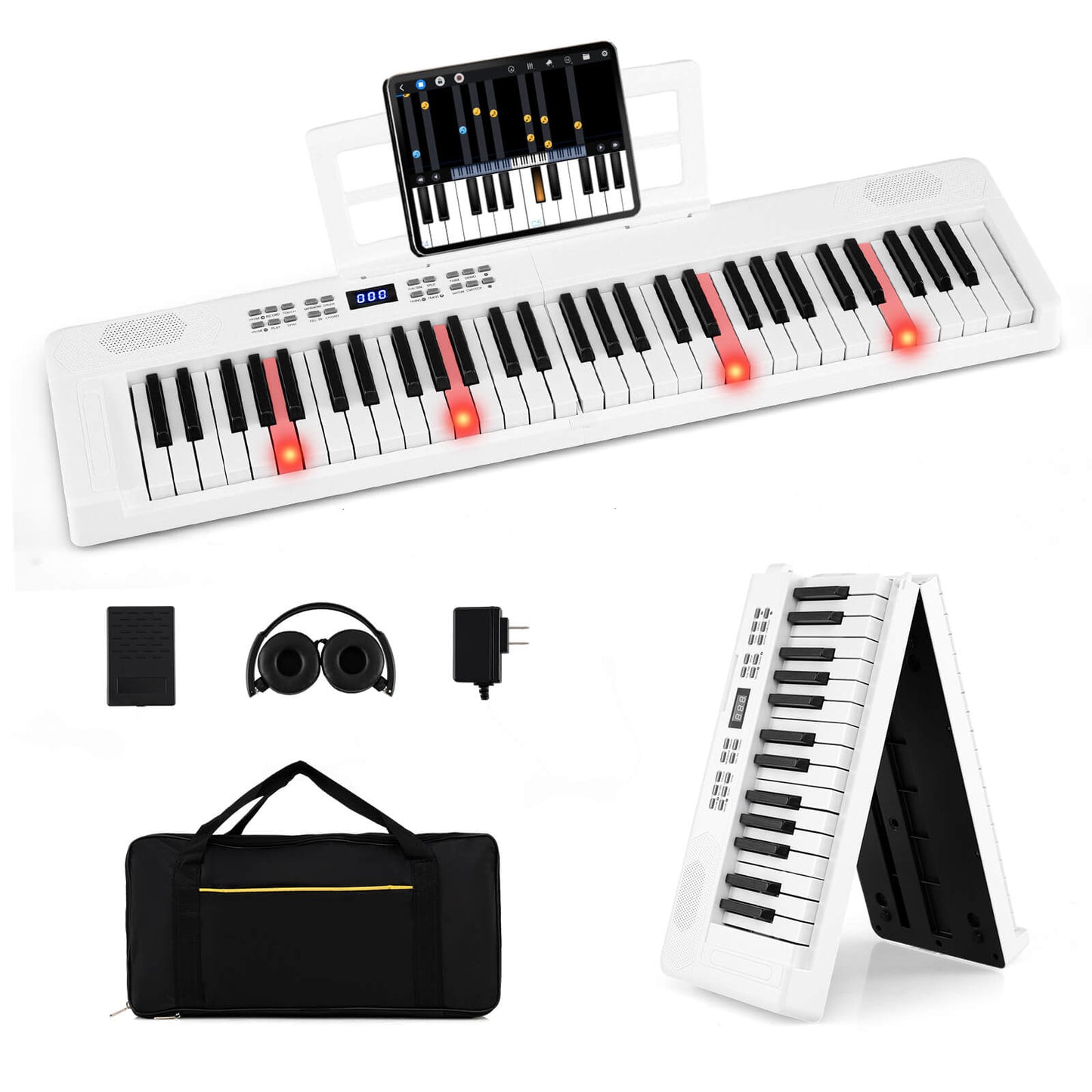 Infans 61-Key Foldable Piano Keyboard with MIDI Split Function Headphone Sustain PedalWhite