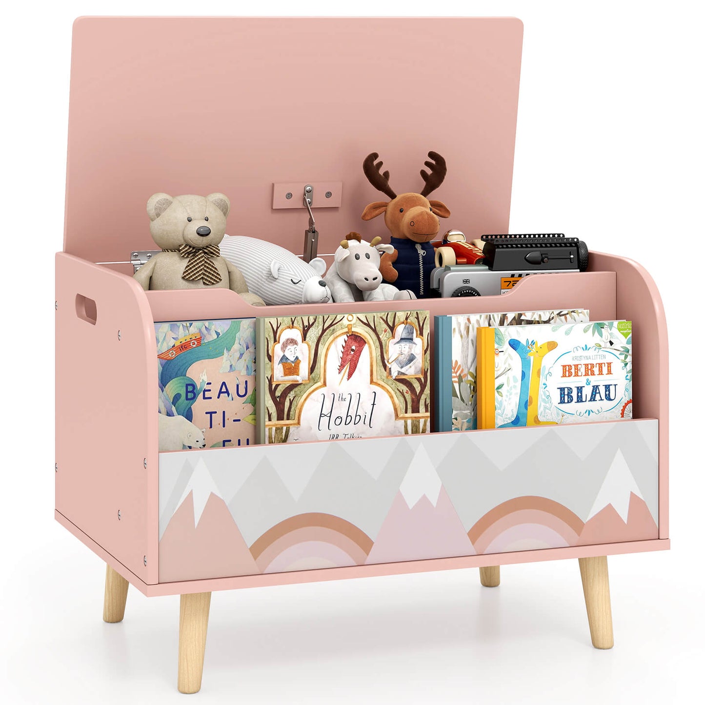 Infans Kids Wooden Toy Box with Front Bookshelf 4 Solid Wood Legs Flip-top Lid for NurseryPink