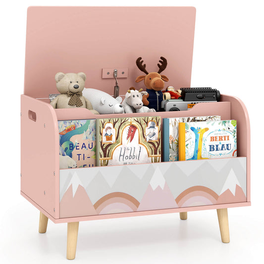 Infans Kids Wooden Toy Box with Front Bookshelf 4 Solid Wood Legs Flip-top Lid for NurseryPink