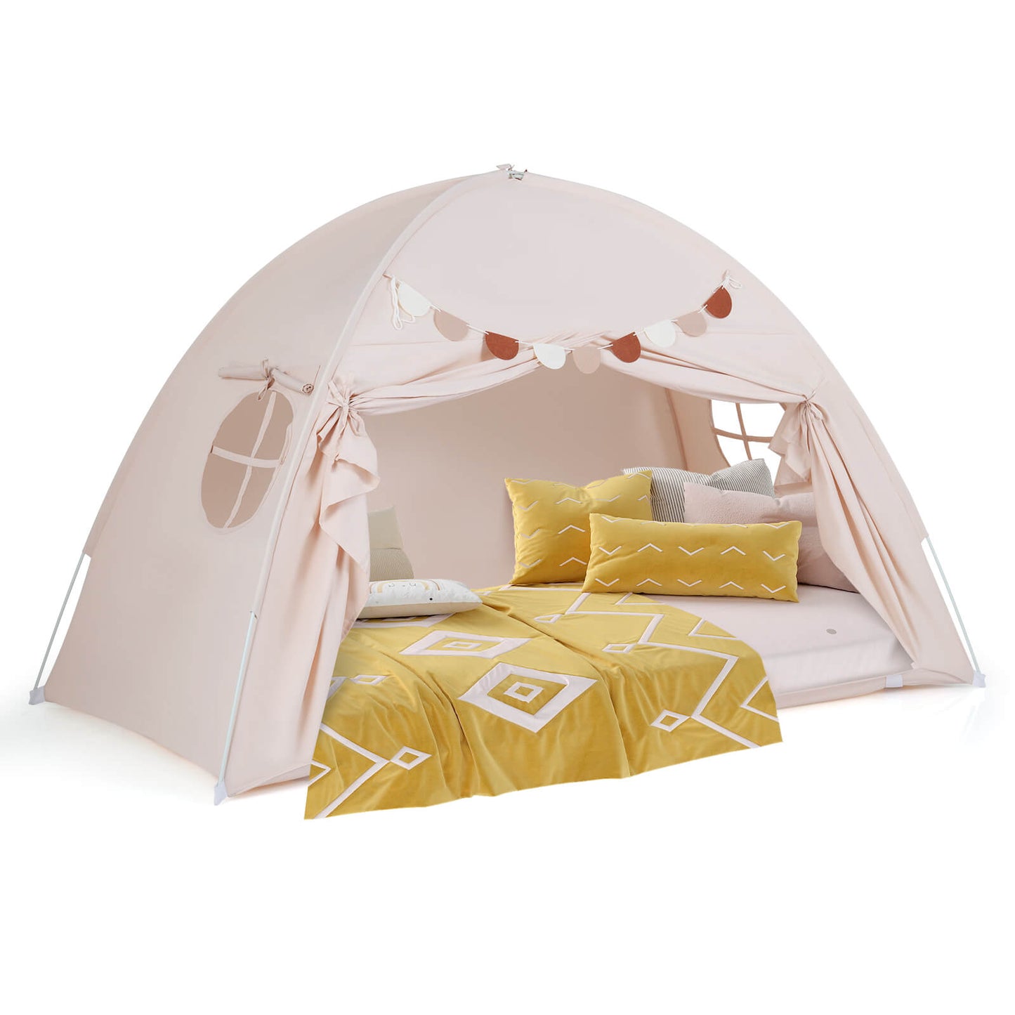 Infans Twin Full Size Bed Tent with 2 Windows, Flags for Boys and Girls Aged 3+ Years OldBeige