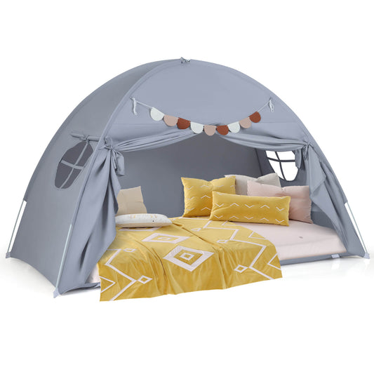 Infans Twin Full Size Bed Tent with 2 Windows, Flags for Boys and Girls Aged 3+ Years OldGrey