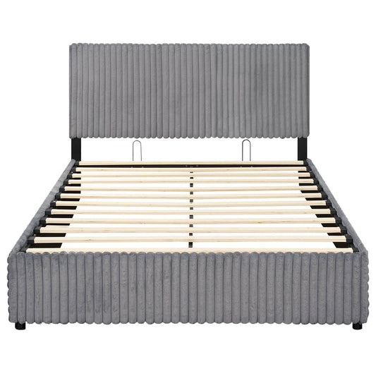 Infans Queen Size Lift-up Storage Bed with Hydraulic Lifts, Wooden Slat Support, BeigeGray