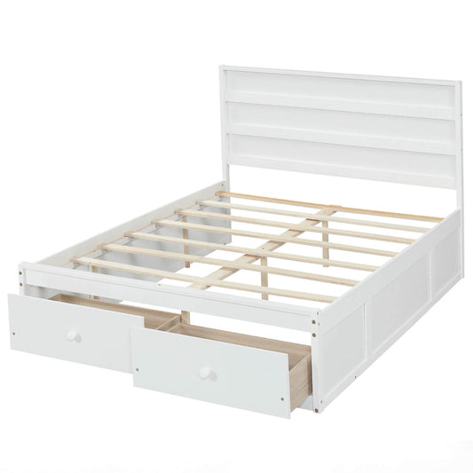 Infans Full Size Bed Frame w/Storage Drawers, Headboard, Wooden Slat Support, White