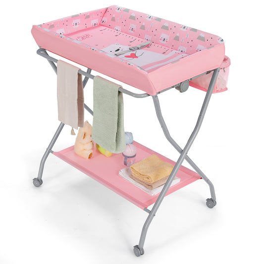 Infans Baby Changing Table Folding Diaper Changing Station w/ Safety Belt & Wheels Pink