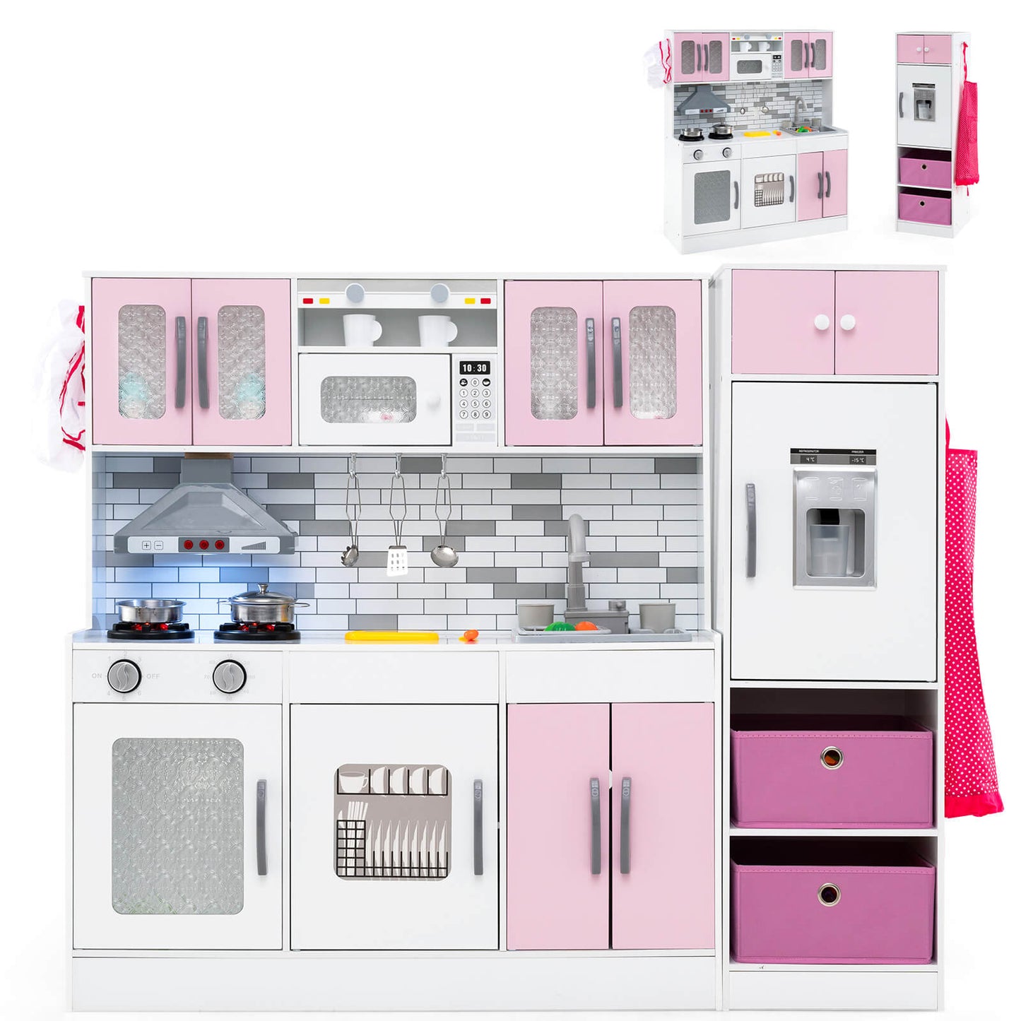 Infans Wooden Kitchen Playset w/Lights Sounds Interactive Features Storage AccessoriesPink + White