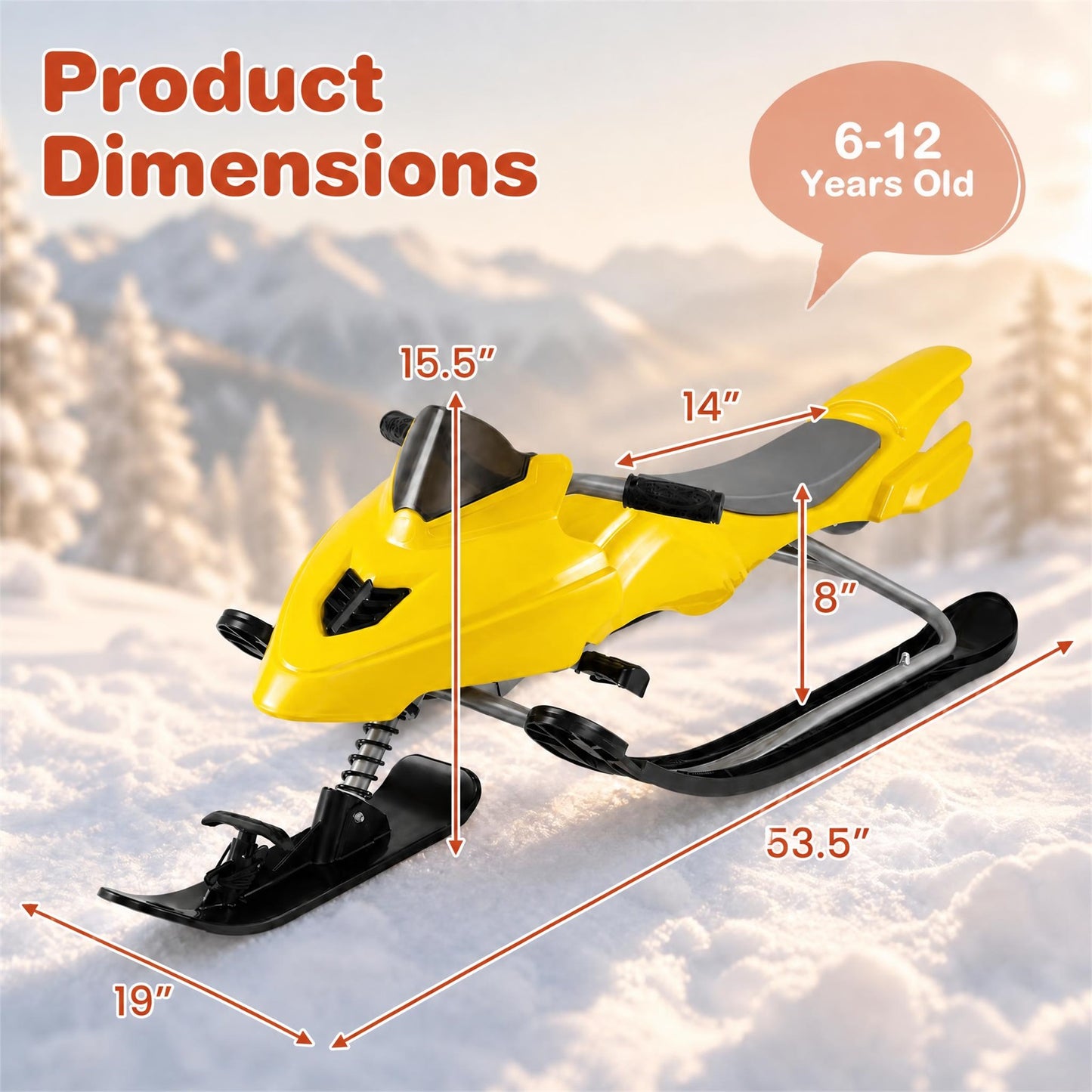 INFANS Snow Racer Sled w/Brakes Tow Ropes Easy Grip Steering Handle for Winter Sports Yellow