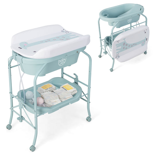 Infans Baby Changing Table w/Bathtub, Folding & Portable Diaper Station w/Wheels Blue
