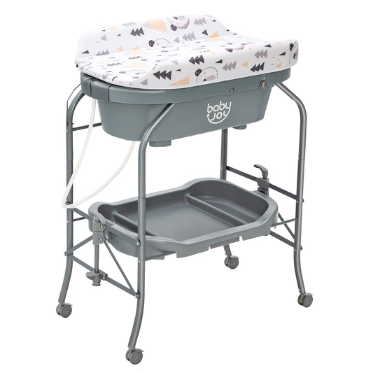 Infans Baby Changing Table w/Bathtub, Folding & Portable Diaper Station w/Wheels Gray