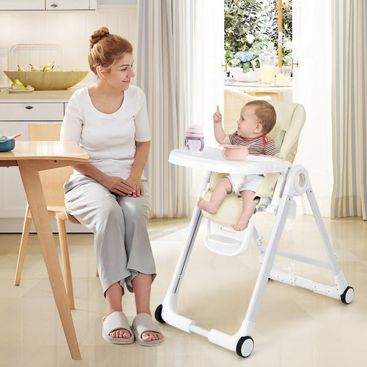 Infans Baby Folding Convertible High Chair w/Wheel Tray Adjustable Height Recline Beige
