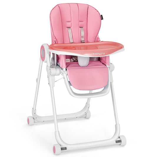 Infans Baby High Chair Foldable Feeding Chair w/ 4 Lockable Wheels Pink