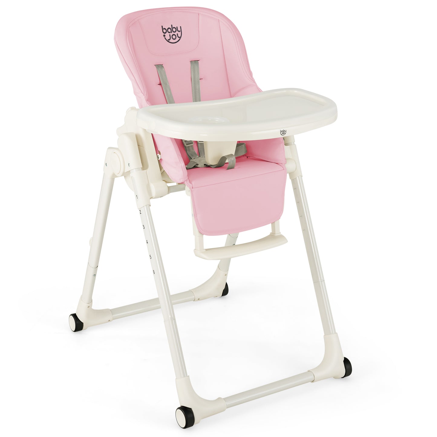 Infans 4-in-1 Foldable Baby High Chair Height Adjustable Feeding Chair w/ Wheels Pink