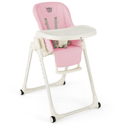 Infans 4-in-1 Foldable Baby High Chair Height Adjustable Feeding Chair w/ Wheels Pink