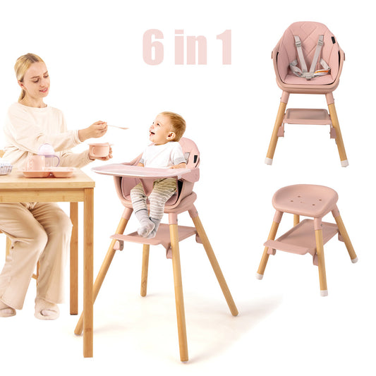 Infans 6-in-1 Convertible Wooden Baby Highchair Infant Feeding Chair withRemovable TrayPink