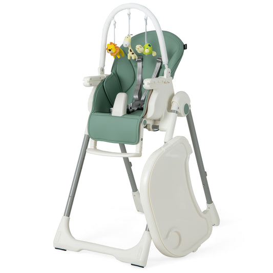 Infans Foldable Baby High Chair w/ 7 Adjustable Heights & Free Toys Bar for Fun Green