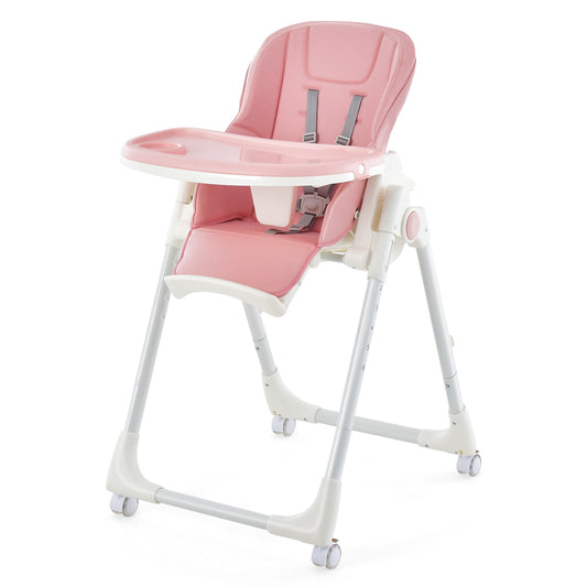 Infans Foldable Baby Highchair w/ 360?? Rotating Wheels & Height Adjustment Pink