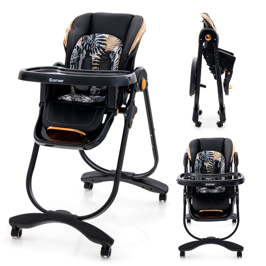 Infans Baby High Chair w/ Wheel Folding Baby Dining Chair Adjustable Height & ReclineBlack