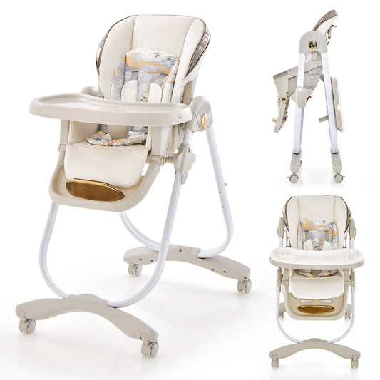 Infans Baby High Chair w/ Wheel Folding Baby Dining Chair Adjustable Height & Recline