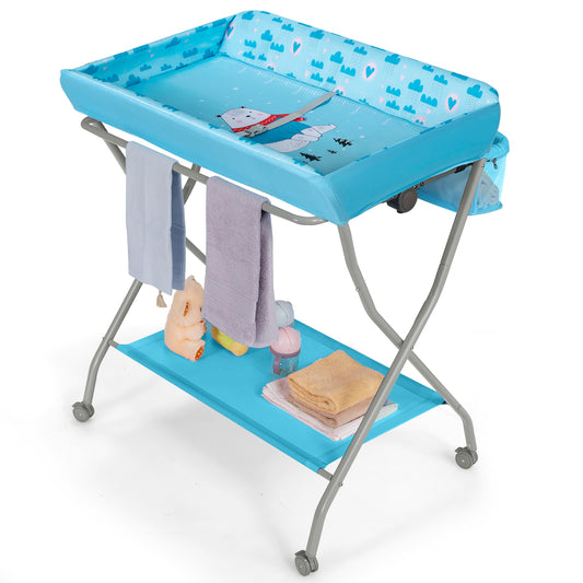 Infans Baby Changing Table Folding Diaper Changing Station w/ Safety Belt & Wheels Blue