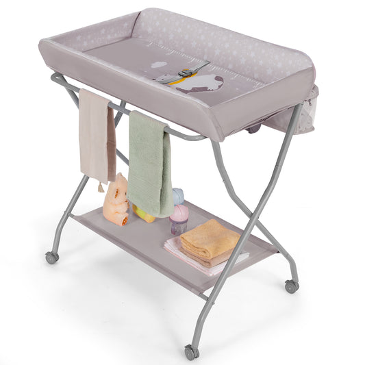 Infans Baby Changing Table Folding Diaper Changing Station w/ Safety Belt & Wheels Grey