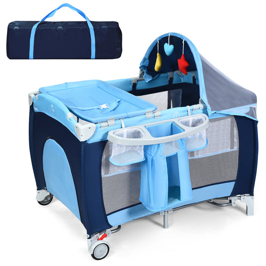 Infans Foldable Baby Crib Playpen Travel Infant Bassinet Bed Mosquito Net Music w BagBlue