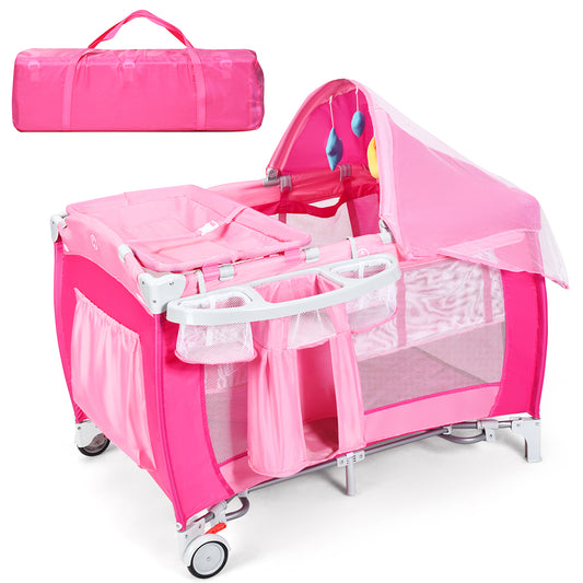 Infans Foldable Baby Crib Playpen Travel Infant Bassinet Bed Mosquito Net Music w Bag