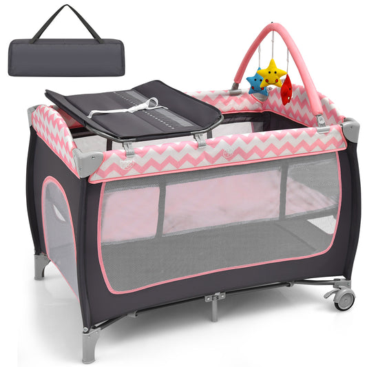 Infans 3 in 1 Baby Playard Portable Infant Nursery Center w/ Zippered Door Pink