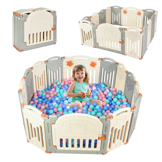 Infans Baby Playpen, 14-Panel Foldable Kids Safety Activity Center Playard w/Locking Gate, Non-Slip Rubber Bases, Adjustable Shape, Portable Design for Indoor Outdoor Use (Beige + Gray)