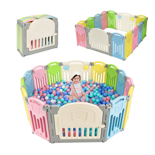 Infans Baby Playpen, 14-Panel Foldable Kids Safety Activity Center Playard w/Locking Gate, Non-Slip Rubber Bases, Adjustable Shape, Portable Design for Indoor Outdoor Use (Colorful)