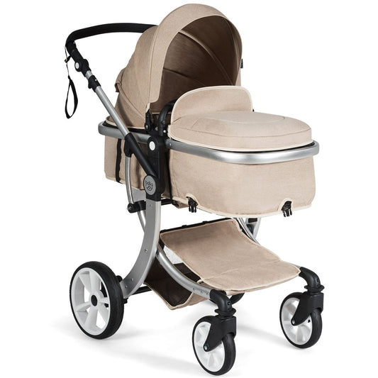 Infans Aluminum Infant Bassinet Reversible Outdoor Foldable Stroller W/Diaper Bag Beige