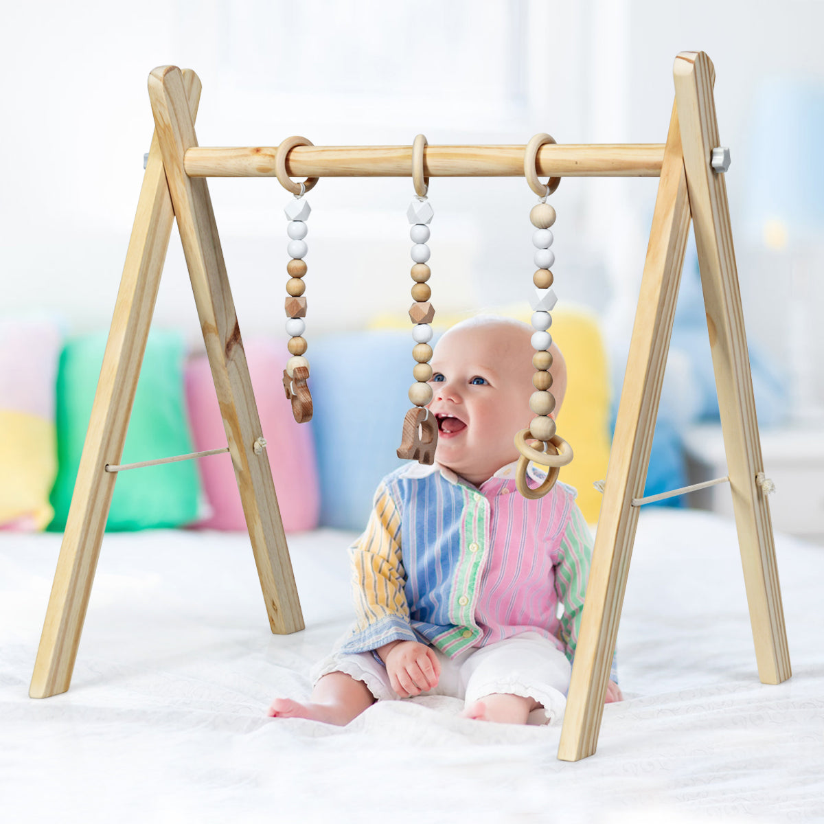 Infans Foldable Wooden Baby Gym W/3 Wooden Teething Toys Hanging Bar Baby Gift Natural