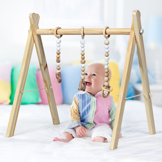 Infans Foldable Wooden Baby Gym W/3 Wooden Teething Toys Hanging Bar Baby Gift Natural