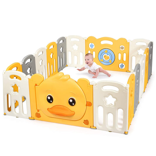 Infans 16-Panel Foldable Baby Playpen Yellow Duck Yard Activity Center w/ Sound