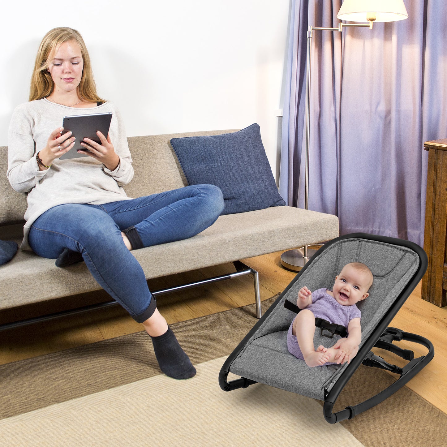 Infans 2-in-1 Baby Bouncer & Rocker Infant Adjustable Folding Rocking Seat Gray