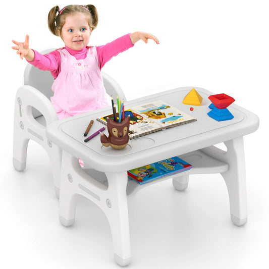 Infans Kids Table and Chair Set w/Cute Dinosaur Modeling Storage Rack & Building Blocks