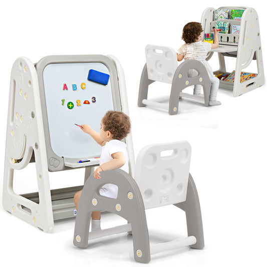 Infans 2 in 1 Kids Easel Desk Chair Set Book Rack Adjustable Art Painting Board GrayGray