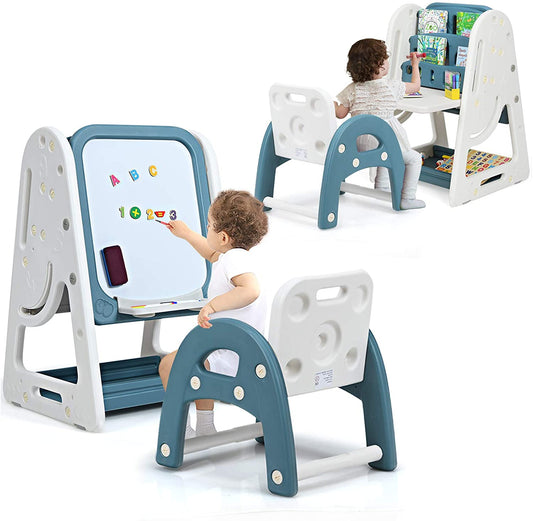 Infans 2 in 1 Kids Easel Desk Chair Set Book Rack Adjustable Art Painting Board Blue