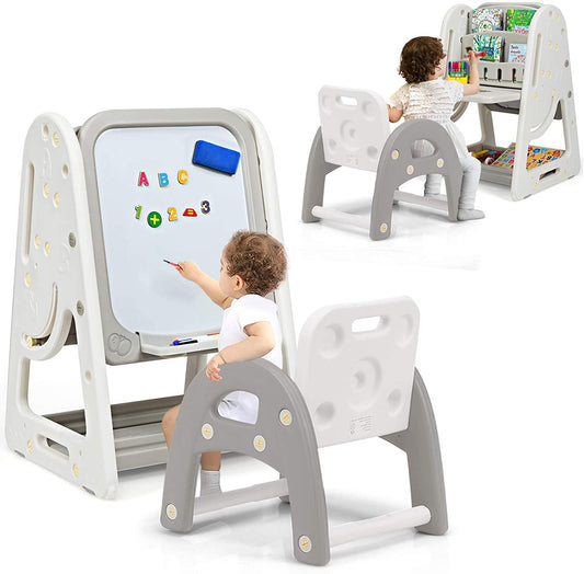 Infans 2 in 1 Kids Easel Desk Chair Set Book Rack Adjustable Art Painting Board Gray