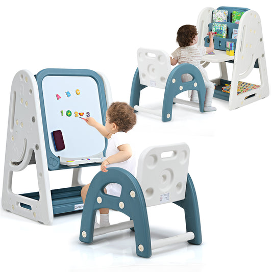 Infans 2 in 1 Kids Easel Desk Chair Set Book Rack Adjustable Art Painting Board BlueBlue
