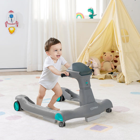 Infans 2-in-1 Baby Walker Foldable Activity Push Walker w/ Adjustable Height Gray
