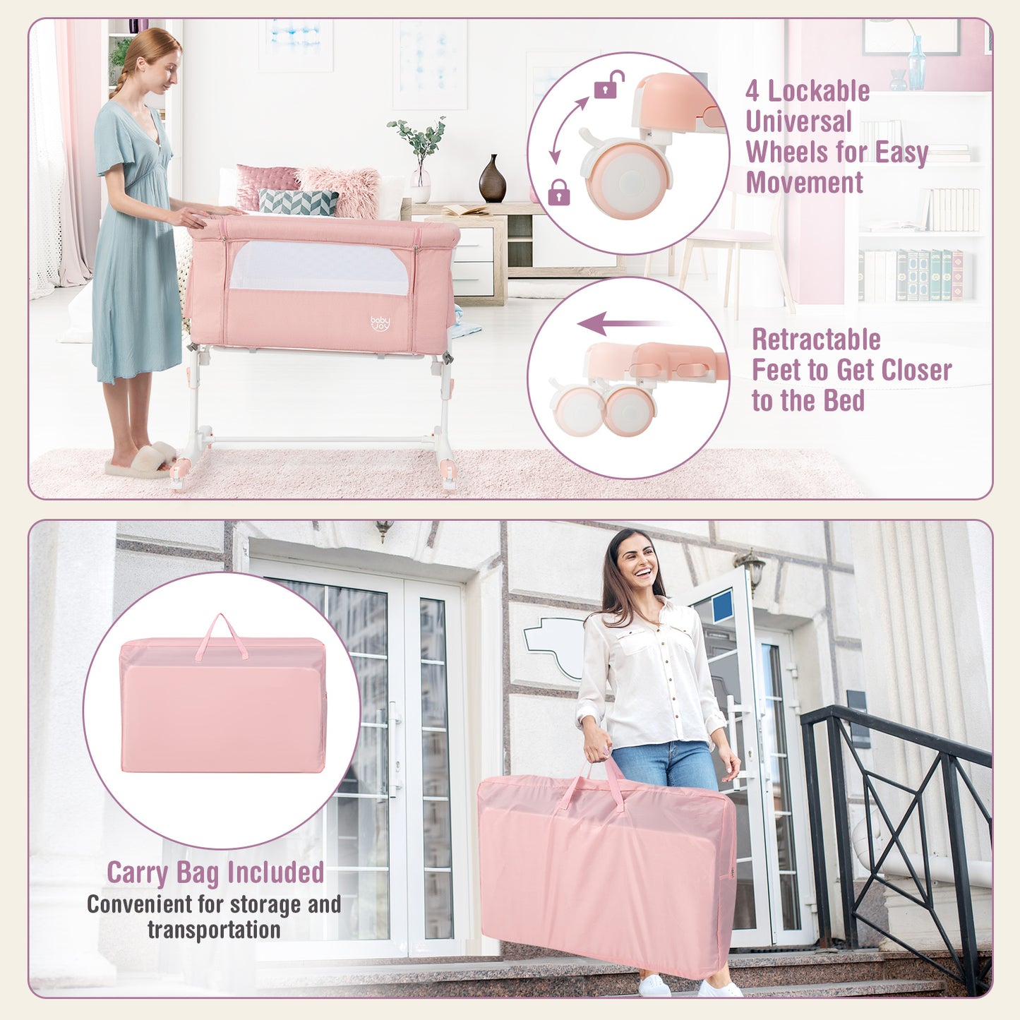 Infans 3-in-1 Baby Bassinet Beside Sleeper Crib with 5-Level Adjustable Heights Pink
