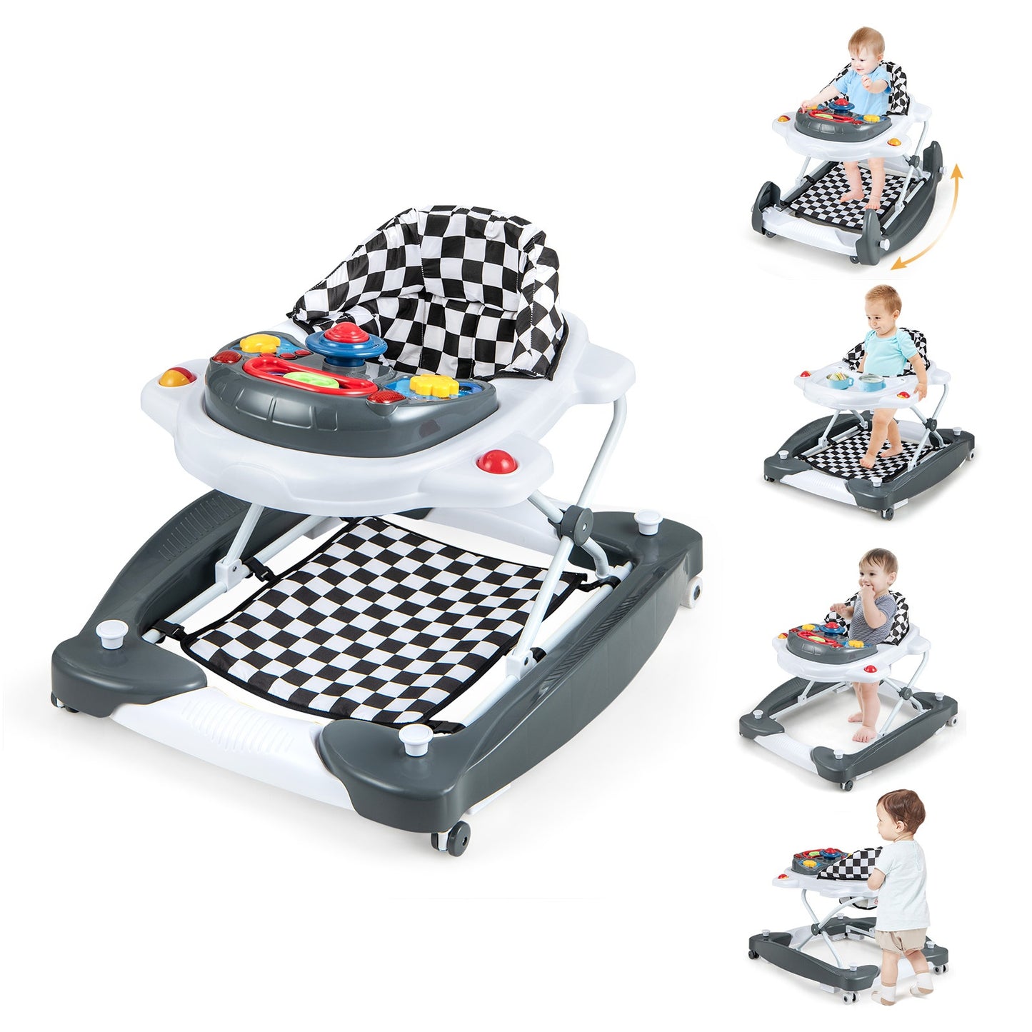 Infans 6 in 1 Baby Walker Adjustable Toddler Walker & Activity Center with Music TrayGray